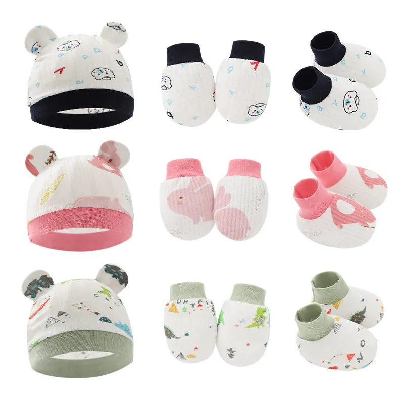 Set di Cappello Guanti e Copripiedi in Cotone per Neonati Stampa di Animali del Fumetto Berretto Muffole Calzini Set di Accessori Protettivi