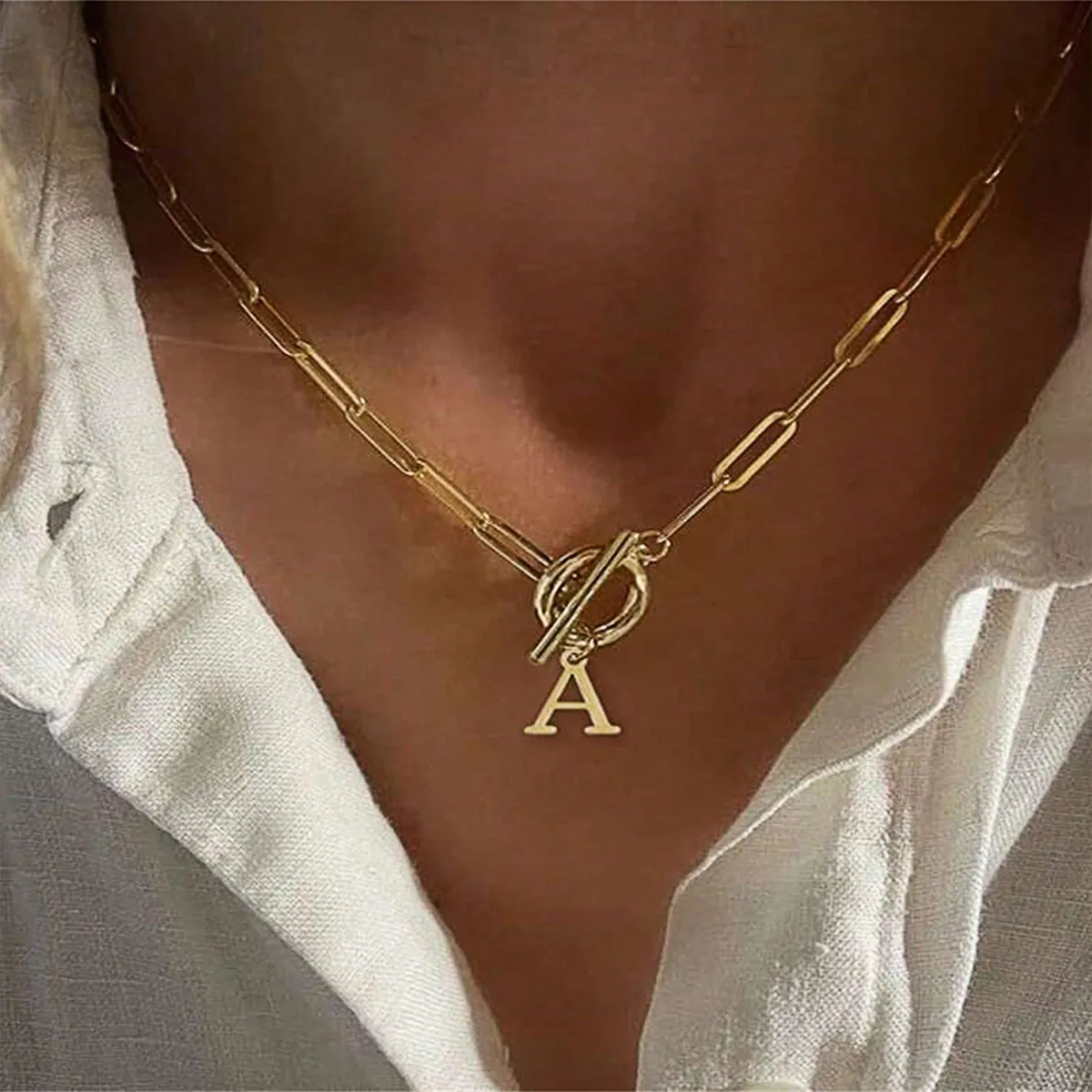 Initial Letter Necklace Stainless Steel Paperclip Chain Heart Toggle Clasp Minimalist Elegant Name Jewelry For Women