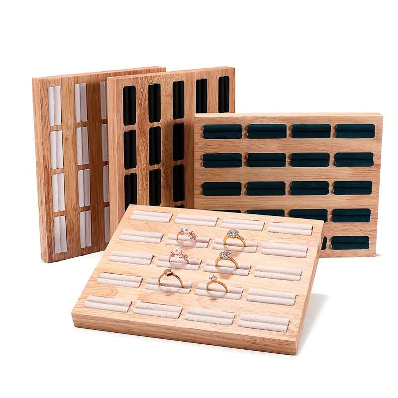 Wood Ring Display Tray Jewelry Organizer Multi Slot Velvet Lining For Earring Studs Professional Presentation Storage Showcase