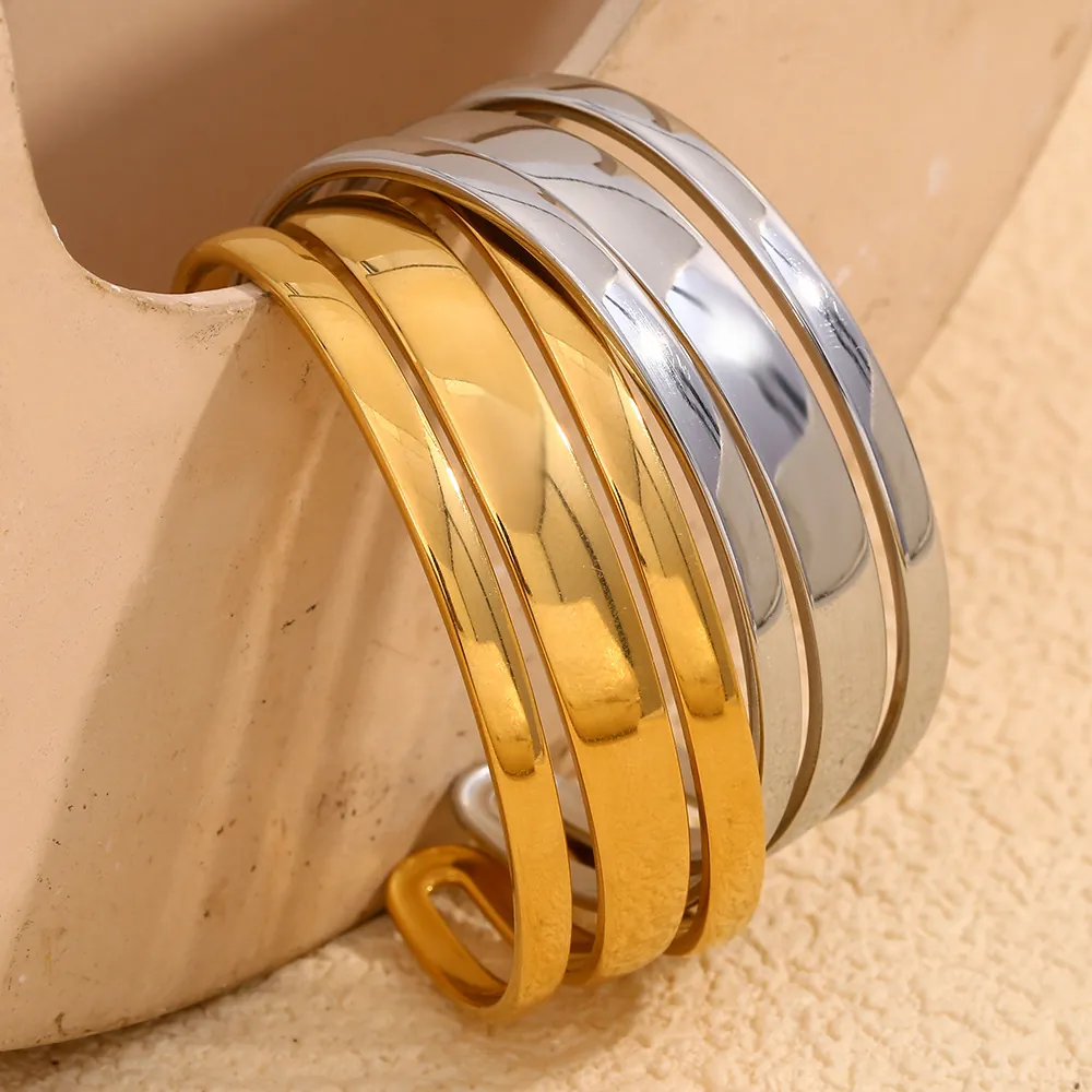 Bracelet Jonc Ouvert Double Couche Minimaliste Acier Inoxydable Plaqué Or 18K Design Creux Géométrique Pour Femmes