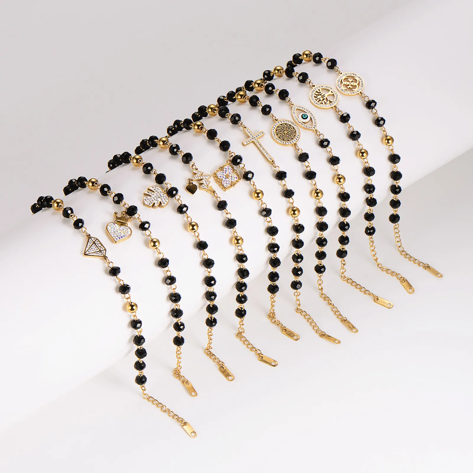 Beaded Bracelet Stainless Steel Black Faceted Beads Tree Of Life Heart Evil Eye Crown Pendants Gold Plated Trendy Jewelry