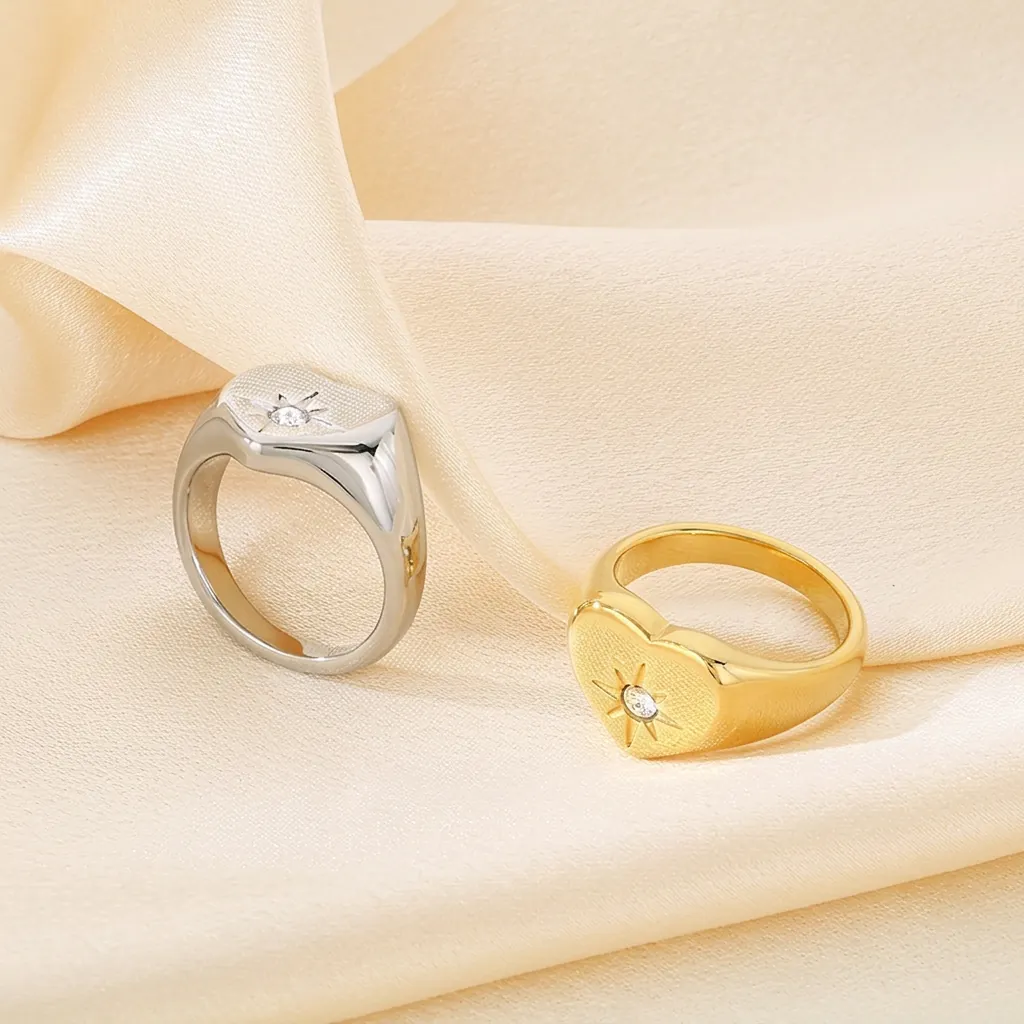Edelstahl Herz Siegelring Für Damen Mit Stern Graviert Straß Polierter Nordstern Modeschmuck