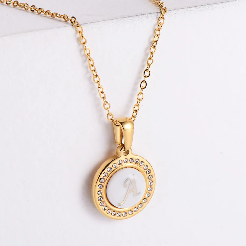 Initial Letter Pendant Necklace Stainless Steel Mother Of Artificial Pearl Rhinestone Round Medallion Dainty Jewelry For Women