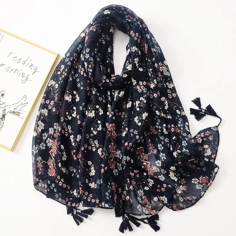 Long Printed Scarf Shawl Lightweight Polyester Voile With Tassels Floral Pattern Sunscreen Wrap Accessory For Women