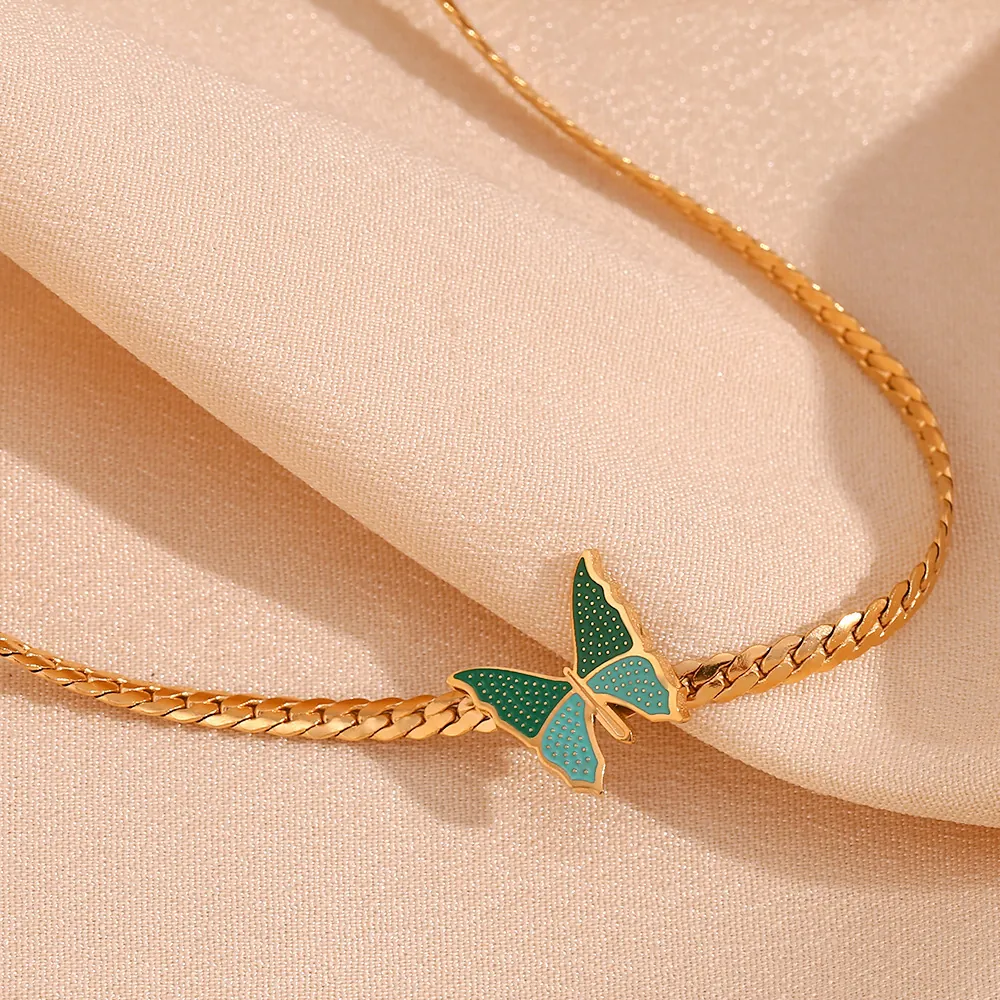 Stainless Steel 18K Gold Plated Butterfly Pendant Necklace For Women Blue Green Enamel NK Flat Chain Choker Fashion Jewelry