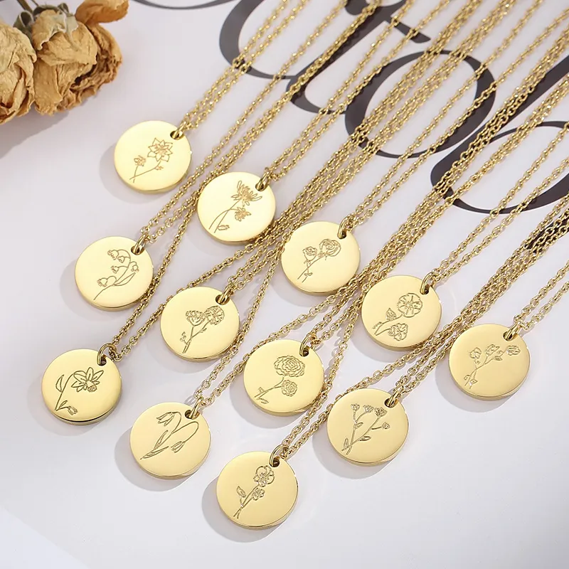 Collier Pendentif Fleur De Naissance Acier Inoxydable Plaqué Or Disque Rond Bijoux Floraux Gravés Pour Femmes