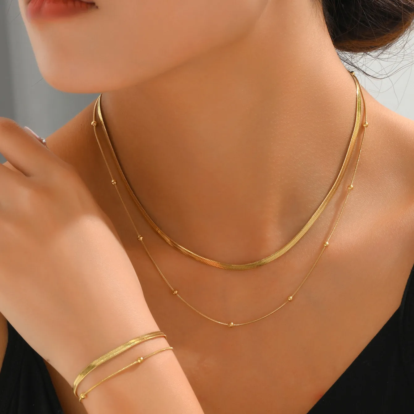Mode Mehrlagiges Kupfer Schmuckset Gold Vergoldet Doppelschicht Schlangenknochen Perlenkette Halskette Armband Für Damen Geschenk