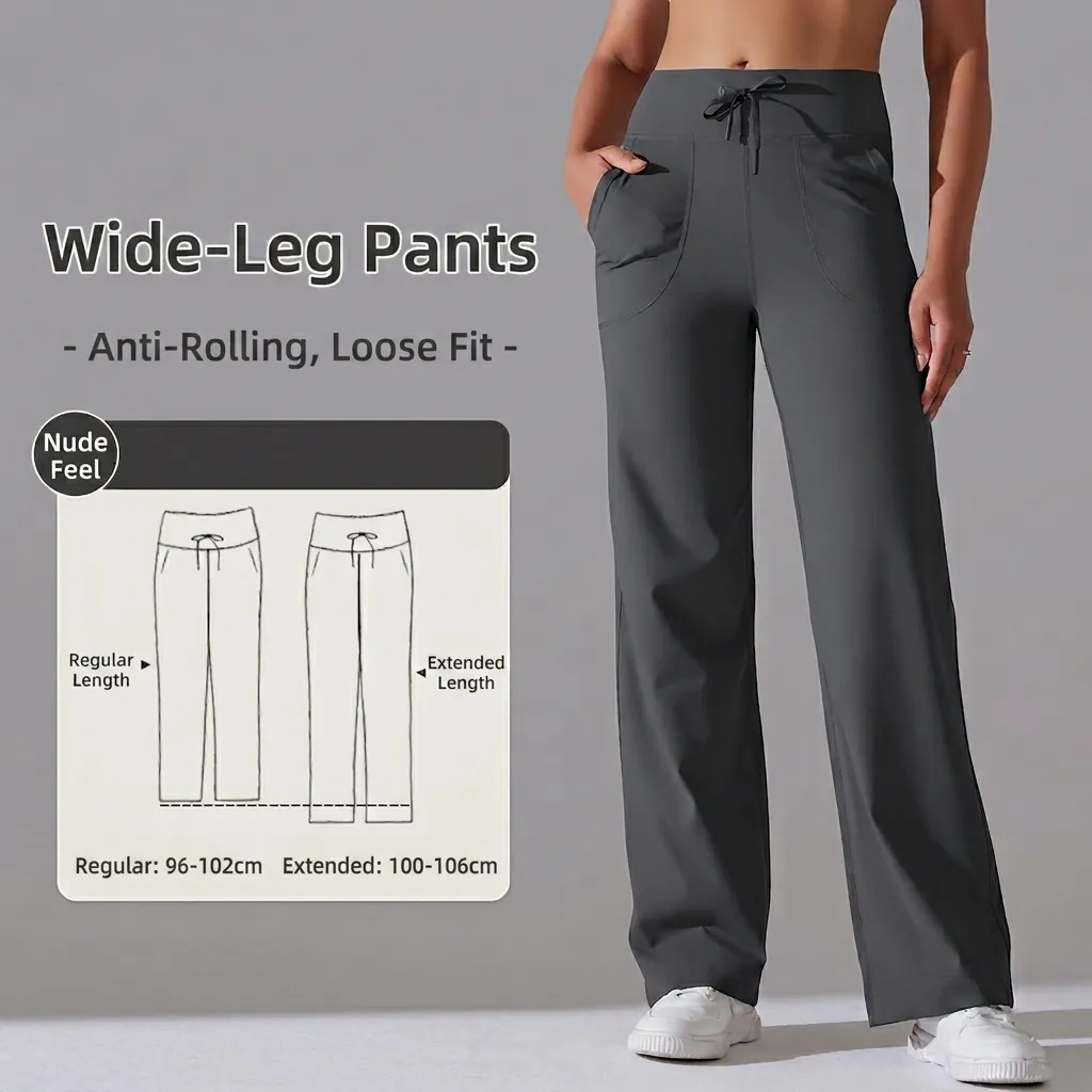 Women High Waist Wide Leg Yoga Pants Drawstring Pockets Loose Naked Feel Fitness Sports Trousers Casual Bottoms
