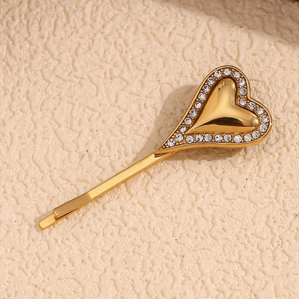 Stainless Steel 18K Gold Plated Heart Rhinestone Hair Clip Vintage Minimalist Elegant Gold Headwear For Women