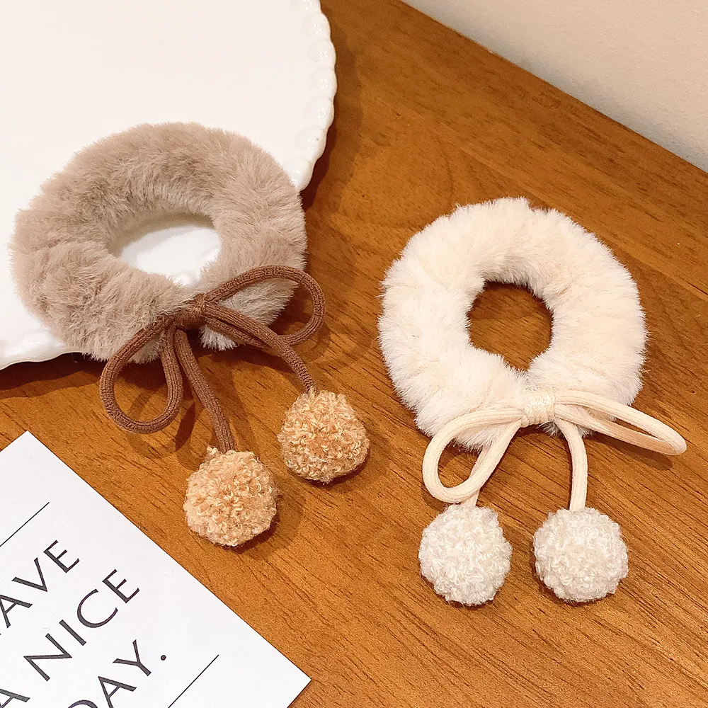 Goma De Pelo De Peluche Con Lazo Y Pompones Alta Elasticidad Lindo Suave Coletero Para Mujeres Niñas Accesorios De Otoño Invierno