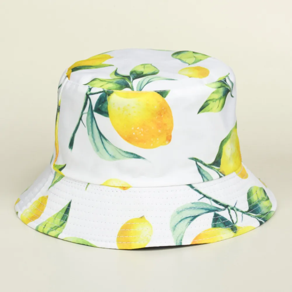 Fruit Lemon Print Bucket Hat Cotton Canvas Sun Protection Summer Outdoor Travel Fresh Casual Sun Hat White