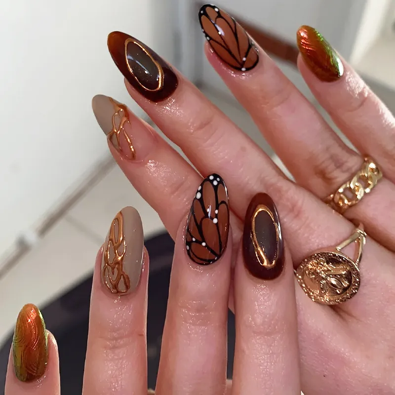3D Butterfly Press On Nails Long Almond Brown Amber Gradient Gilded Design Handmade Reusable False Nails