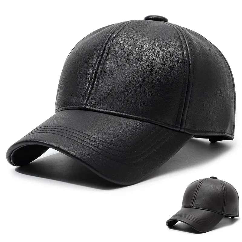PU Leather Baseball Cap For Men Windproof Warm Outdoor Adjustable Winter Hat Litchi Texture