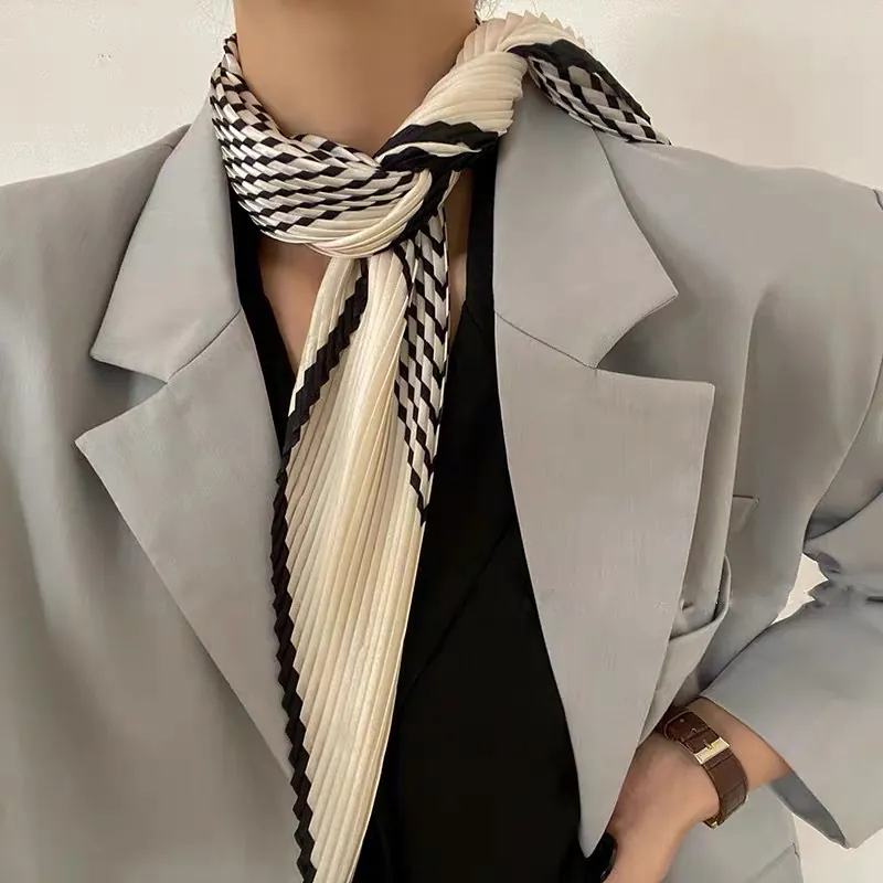 Women Chic Pleated Square Scarf Faux Satin Elegant Striped Geometric Print Versatile Neck Scarf Hair Band Fashion Accessories