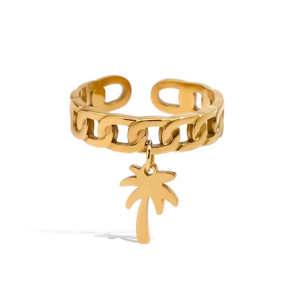 Anello Aperto In Acciaio Inossidabile Placcato Oro 18K Da Donna Regolabile Ciondolo Palma Catena Estate Boho