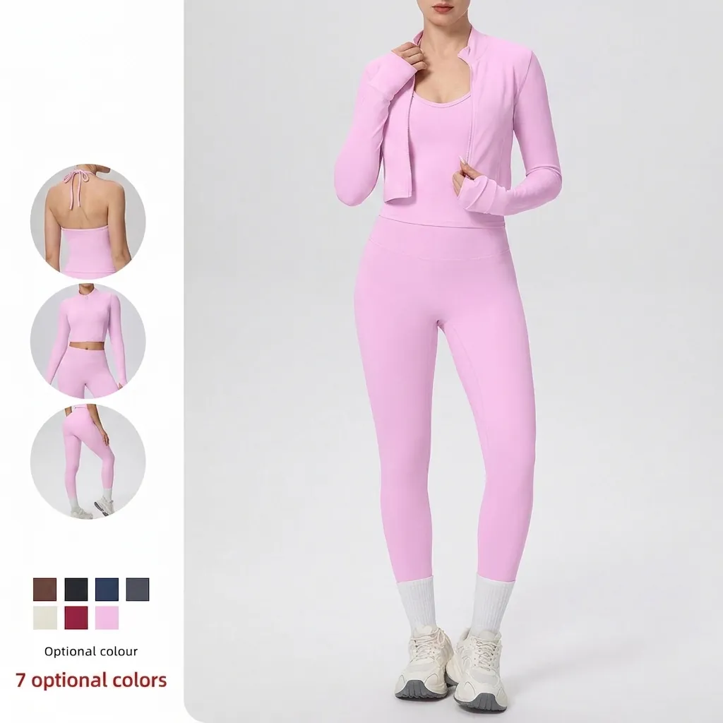 Completo Yoga Donna Top And Bottom Tre Pezzi Giacca con Cerniera Manica Lunga Gilet con Cinturini Leggings Aderenti a Vita Alta