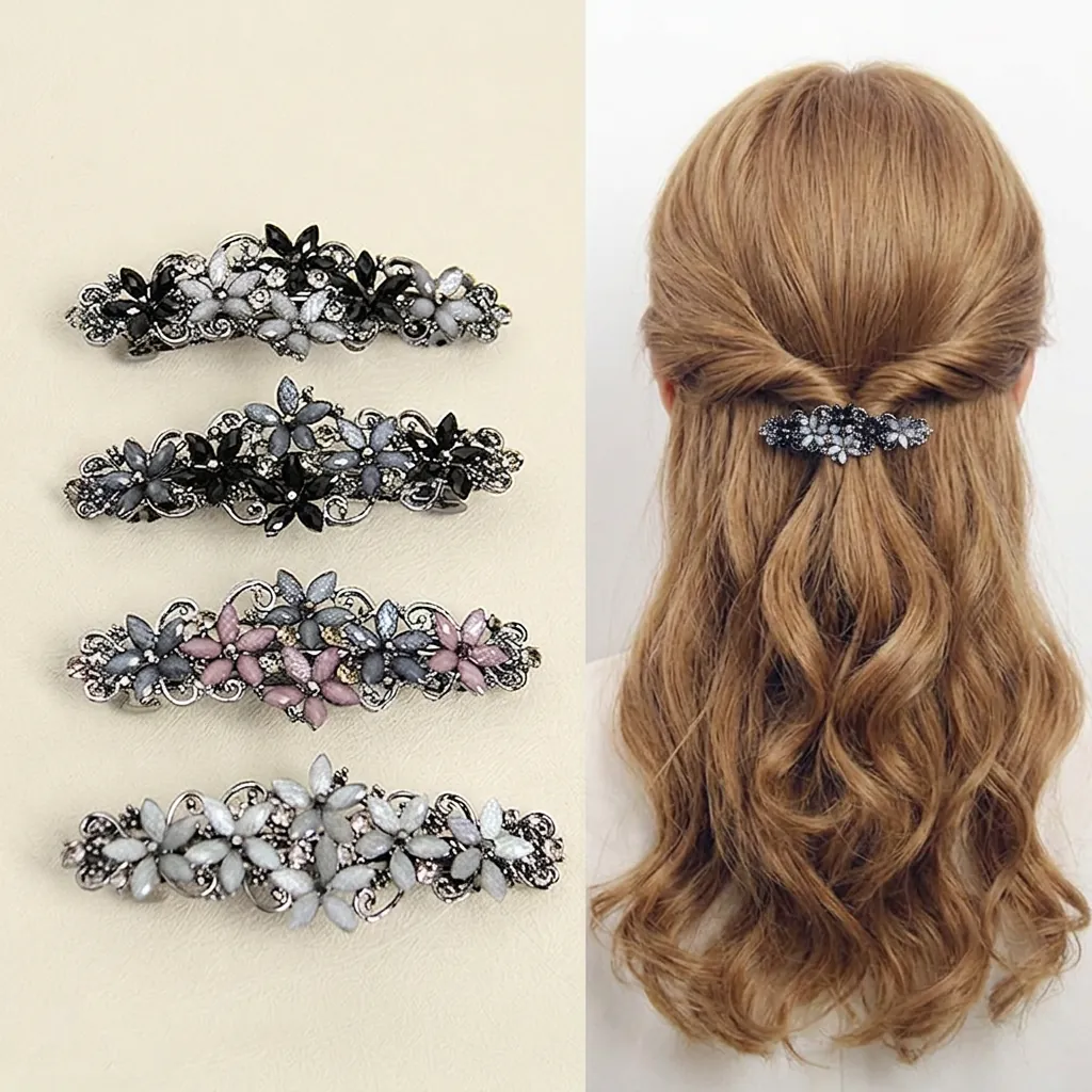 Vintage Flower Alloy Rhinestone Spring Barrette Elegant Resin Hair Clip Retro Botanical Headpiece For Women