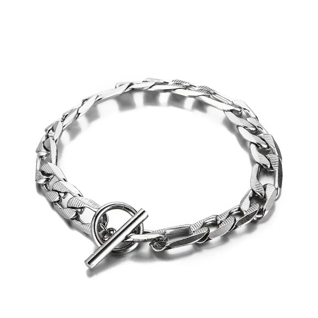 Bracelet En Acier Inoxydable Avec Fermoir T Structure Chaîne Figaro Pour Hommes Et Femmes Couleur Argent Mode Tendance