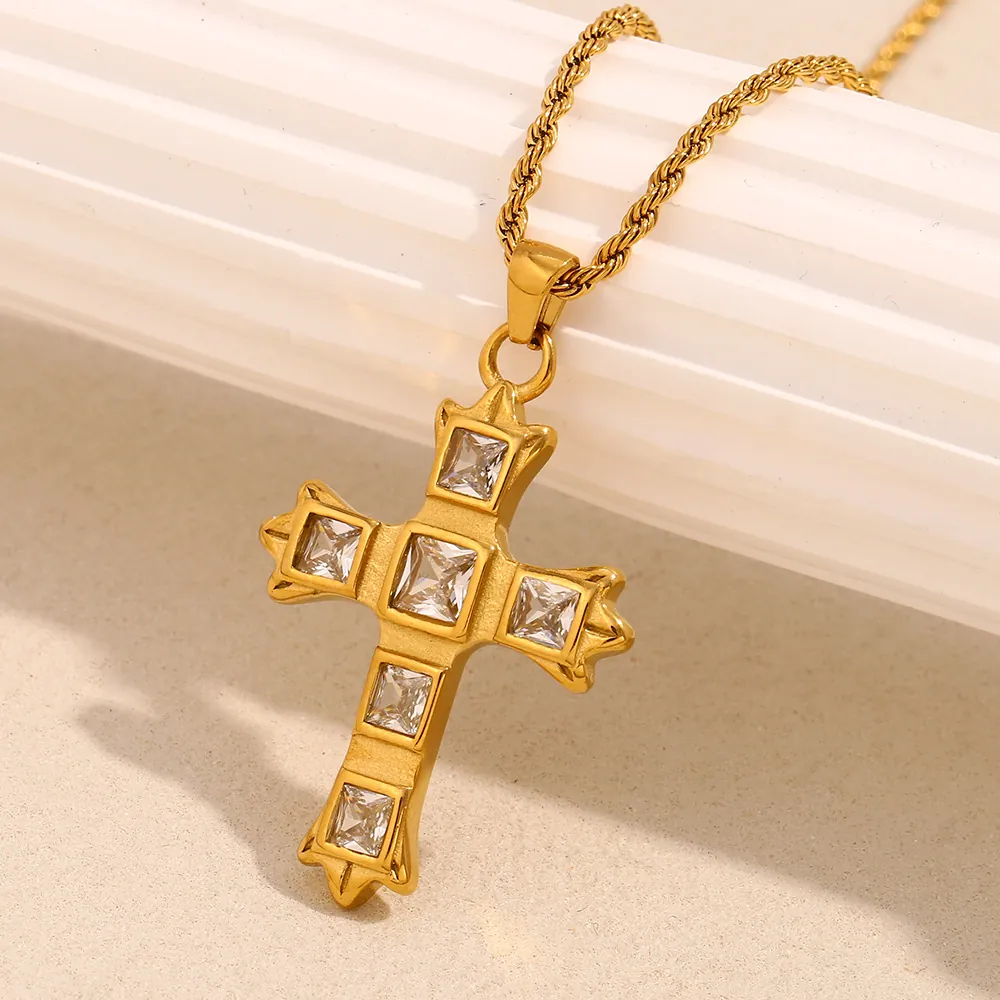 Stainless Steel Cross Necklace For Women 18K Gold Plated Square Zircon Pendant Twisted Rope Chain Fashion Jewelry