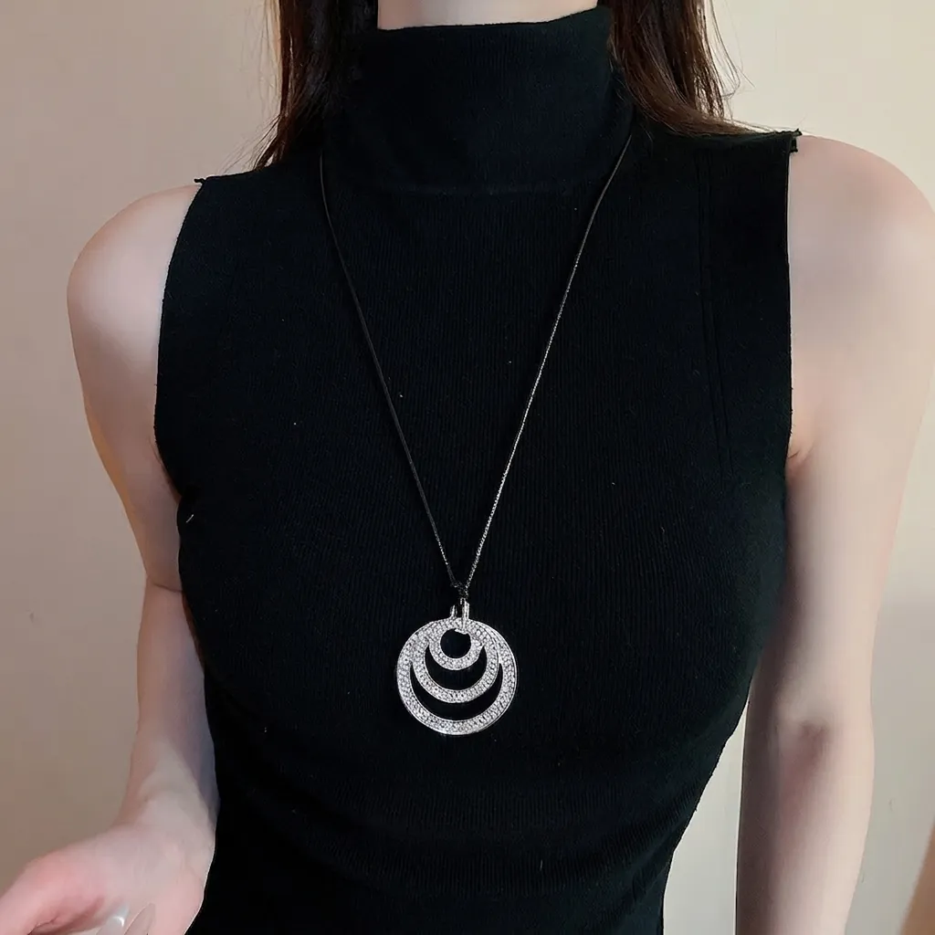 Fashion Multi Layered Concentric Circle Pendant Necklace Alloy With Rhinestones And Glass Modern Long Sweater Chain Women