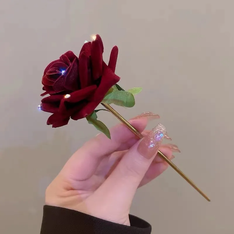 Red Rose Velvet Hair Stick Chinese Style Alloy Hairpin With Tassel Rhinestones Elegant Retro Hair Accessory For Women