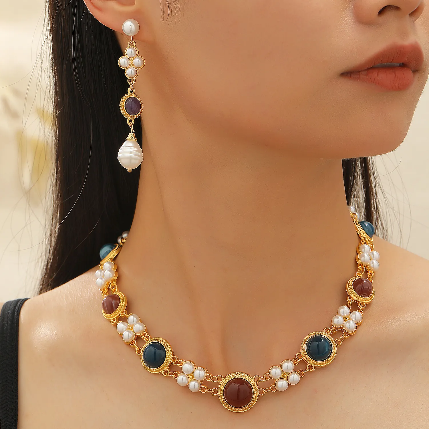 Vintage Gold Alloy Palace Jewelry Necklace And Earrings Multi-color Gemstone Faux Artificial Pearl Retro Elegant Party Jewelry For Women