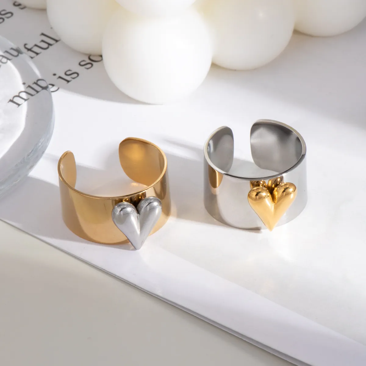 Anello Aperto Cuore Acciaio Inossidabile Bicolore Oro Argento Regolabile Gioielli Di Moda Minimalista Per Donne