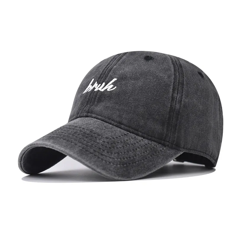 Washed Cotton Baseball Cap Bruh Letter Embroidery Distressed Retro Style Adjustable Sun Hat For Men Women