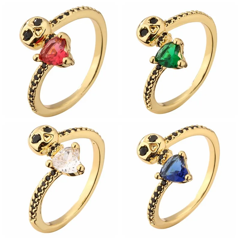 Anello Teschio Cuore Zircone Rame Micro Pavé Regolabile Stile Gotico Ins Gioielli Di Moda Per Donna