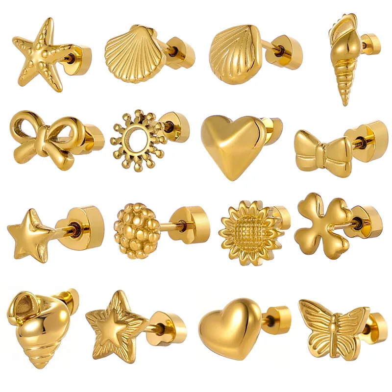 Stainless Steel Gold Plated Starfish Shell Heart Flower Butterfly Stud Earrings For Women Ocean Threaded Screw Back Jewelry