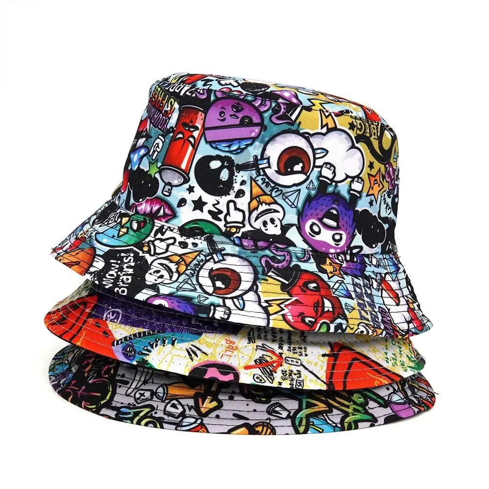 Sombrero De Pescador Graffiti Colorido Algodón Estampado Retro Gorro Solar Streetwear Moda Unisex Ala Ancha