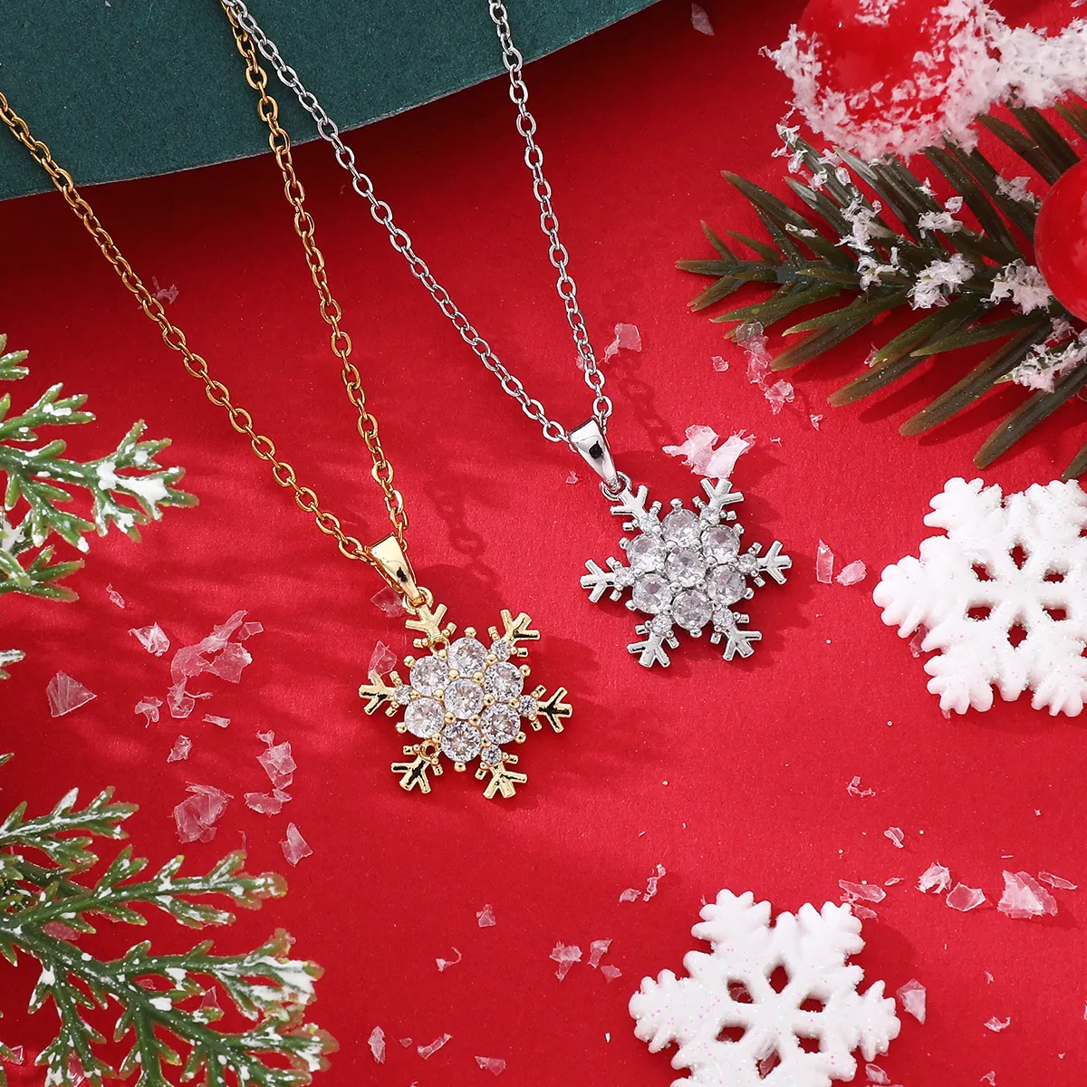 Snowflake Pendant Necklace With Copper Zircon Titanium Steel Chain Winter Christmas Gift Jewelry For Women