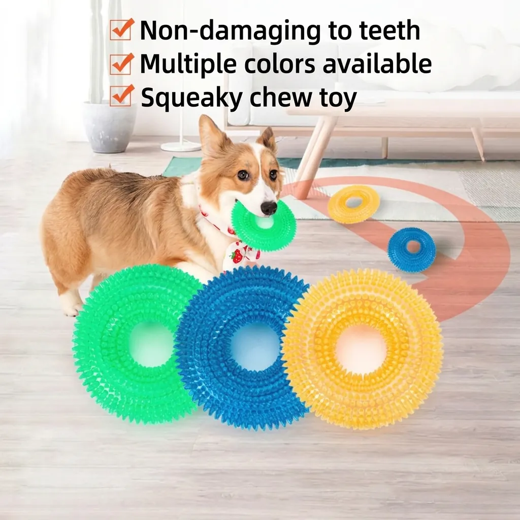 Squeaky Spiked Ring Dog Chew Toy TPR Rubber Teething Cleaning Interactive Play Boring Relief For Medium Large Dogs