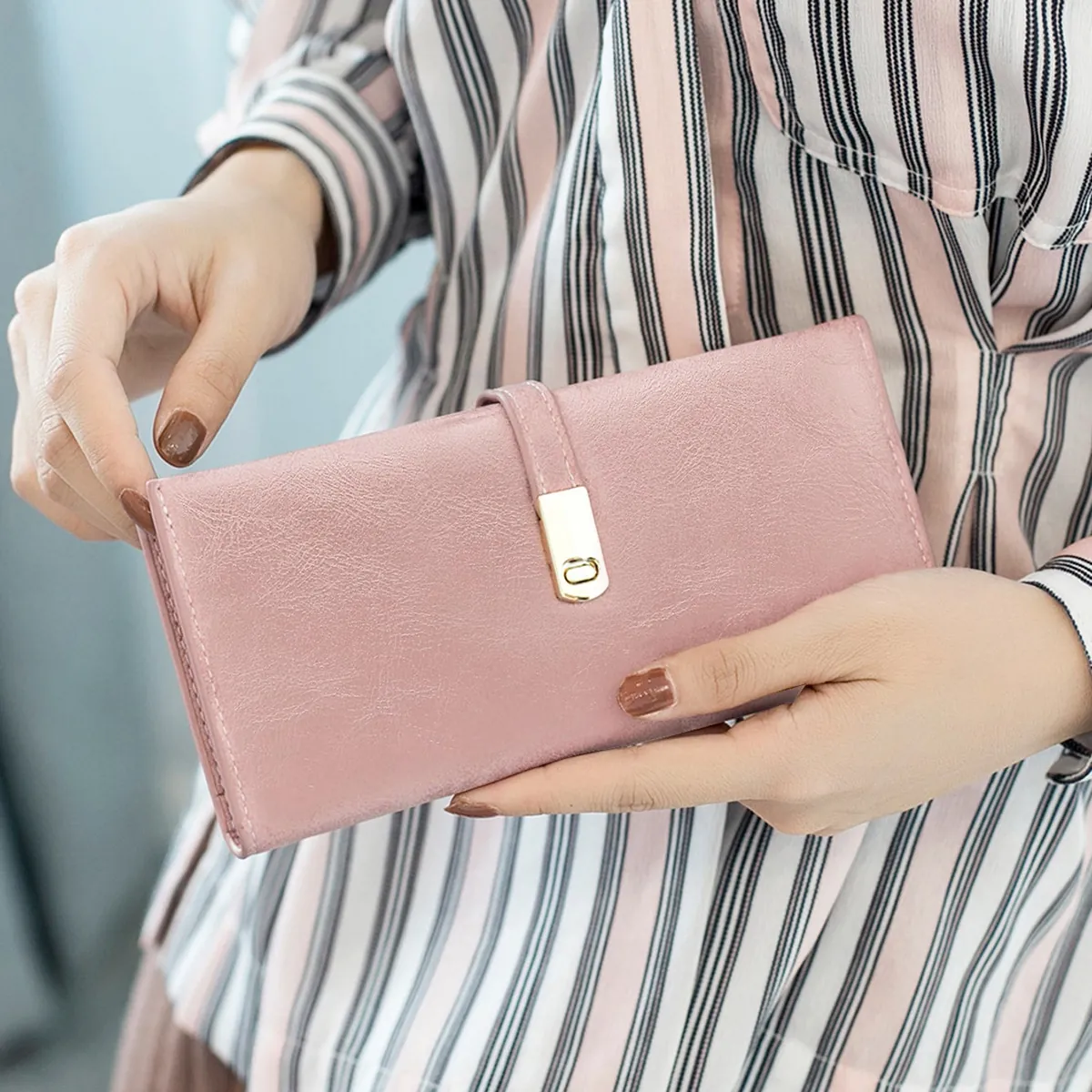 Women's Long Wallet PU Leather Thin Minimalist Matte Multi Card Slots Zipper Pocket Buckle Closure Student Handbag