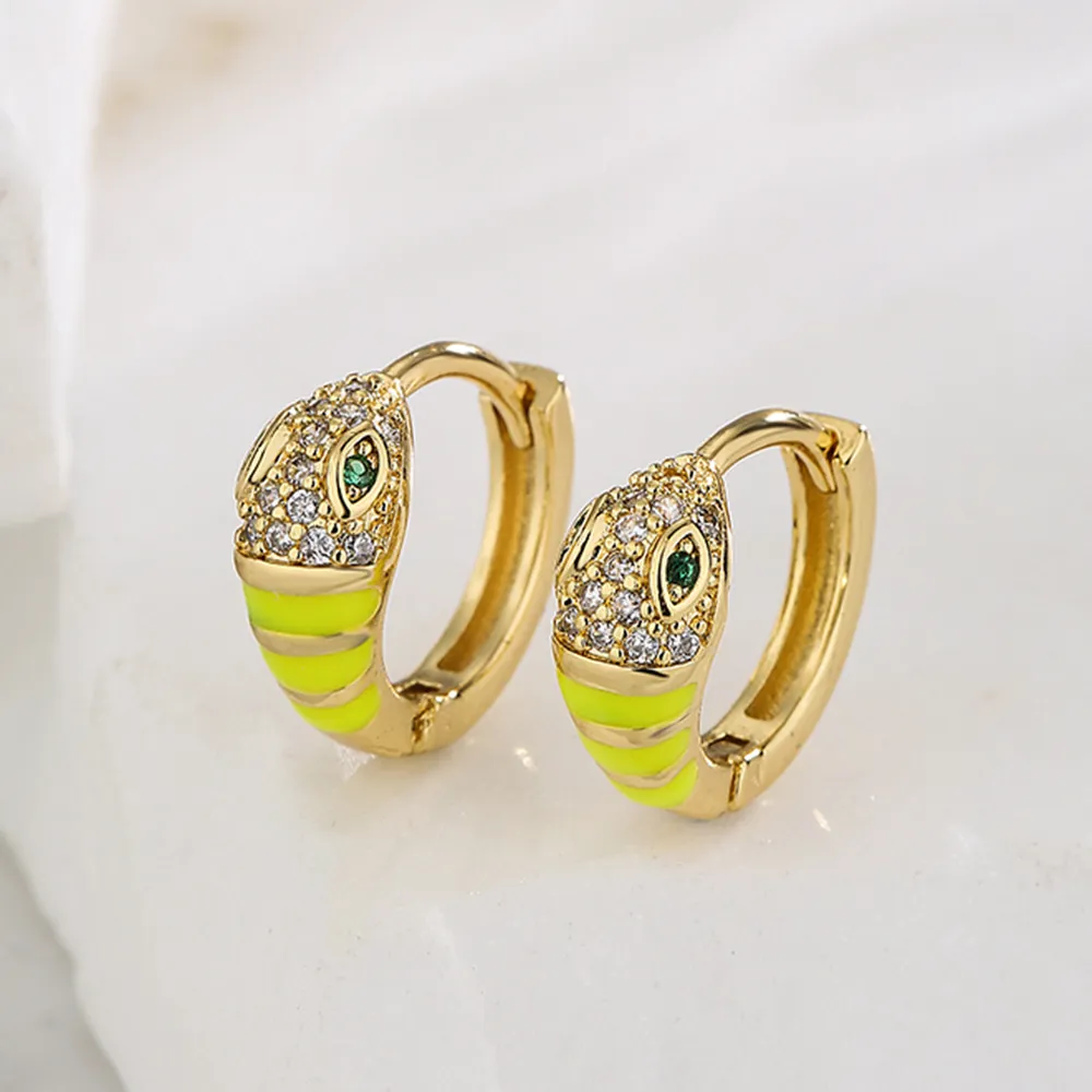Snake Hoop Earrings Copper Gold Plated Colorful Enamel Stripe Cubic Zirconia Animal Design Bohemian Style For Women
