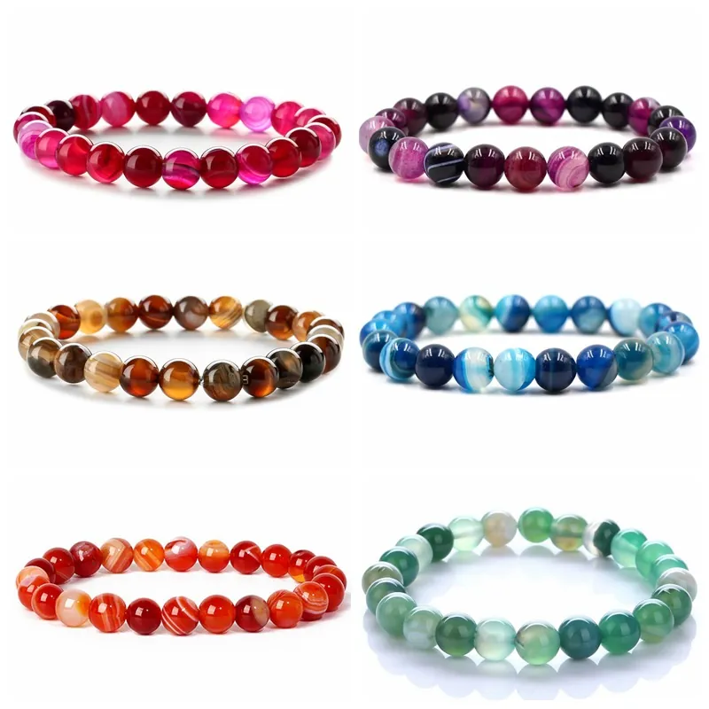 Natural Striped Agate Bead Bracelet Round Stone Elastic Healing Jewelry For Men Women Daily Wear Multiple Colors