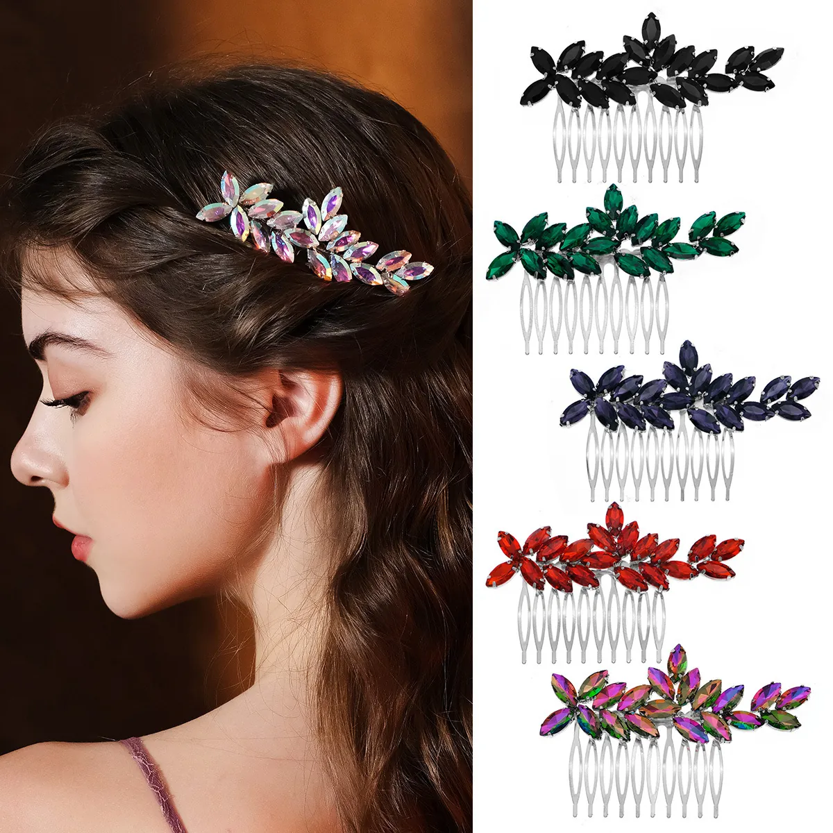 Marquise Rhinestone Bridal Hair Comb Alloy Leaf Shape Wedding Headpiece Vintage Side Insert Styling Accessory For Women
