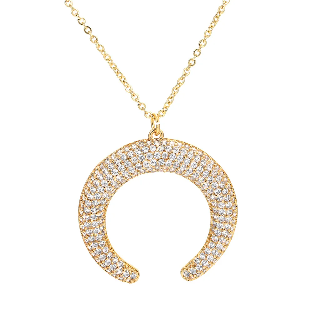 Crescent Moon Pendant Necklace For Women Copper Micro Pave Zirconia Horn Charm Clavicle Chain Fashion Jewelry Gold Silver