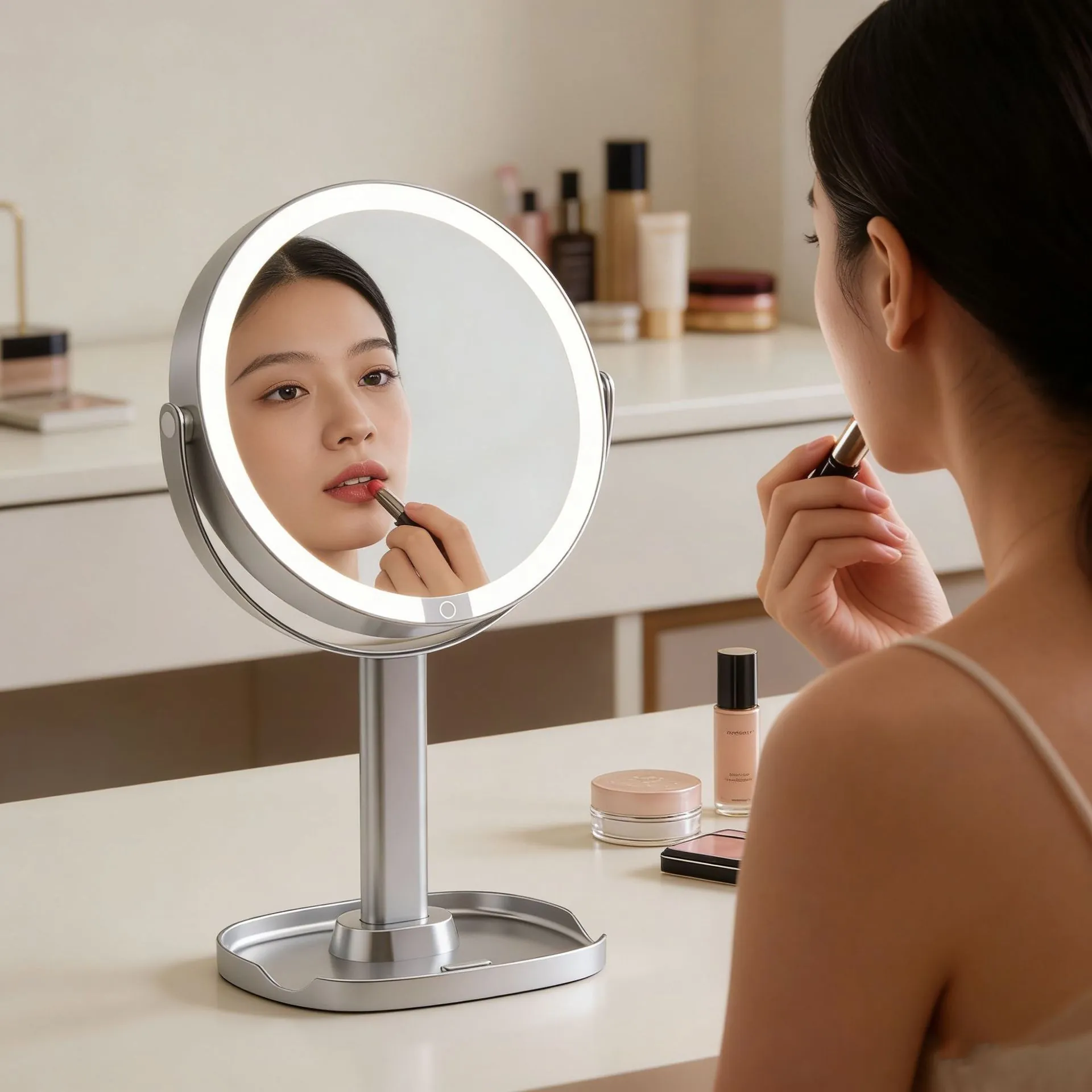 LED Makeup Mirror With Magnifying Double Sided Touch Control USB Rechargeable Desktop Vanity Mirror Storage Base