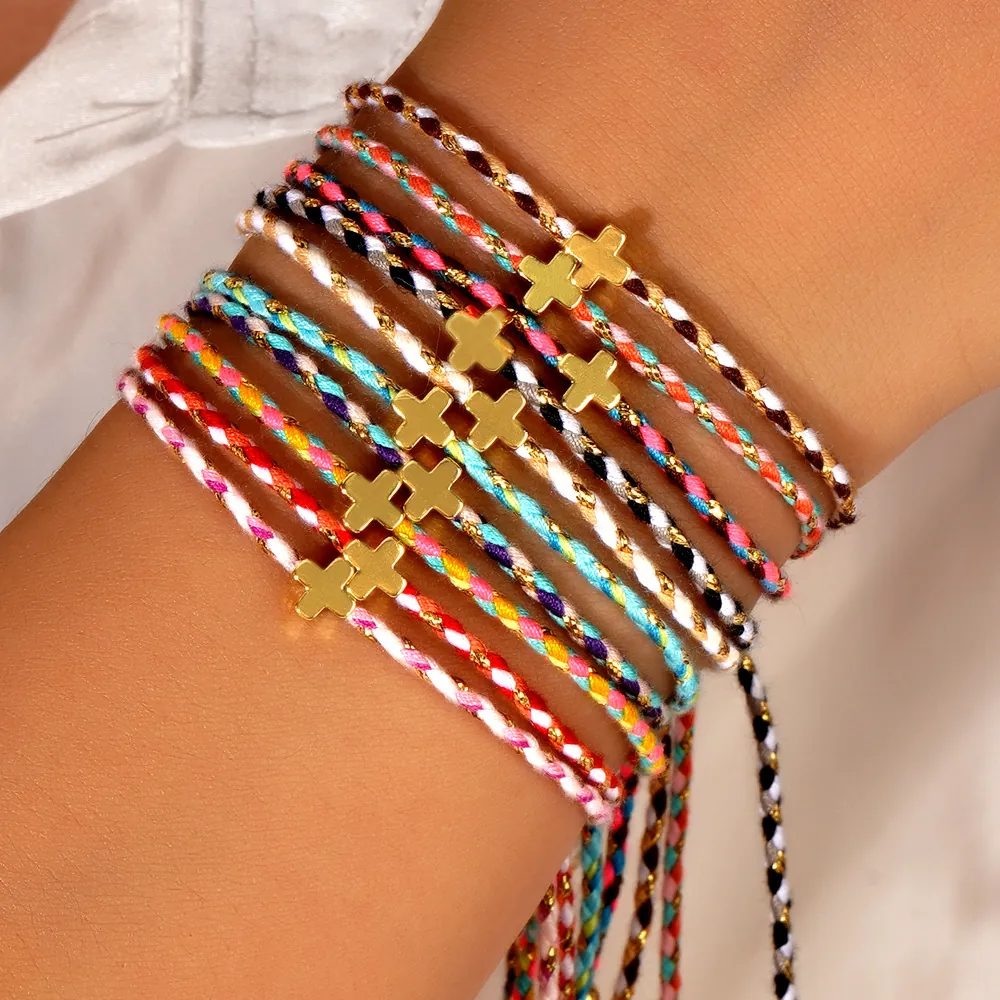 Handmade Woven Rope Bracelet With Gold Alloy Cross Charm Adjustable Bohemian Cord Jewelry For Women And Men