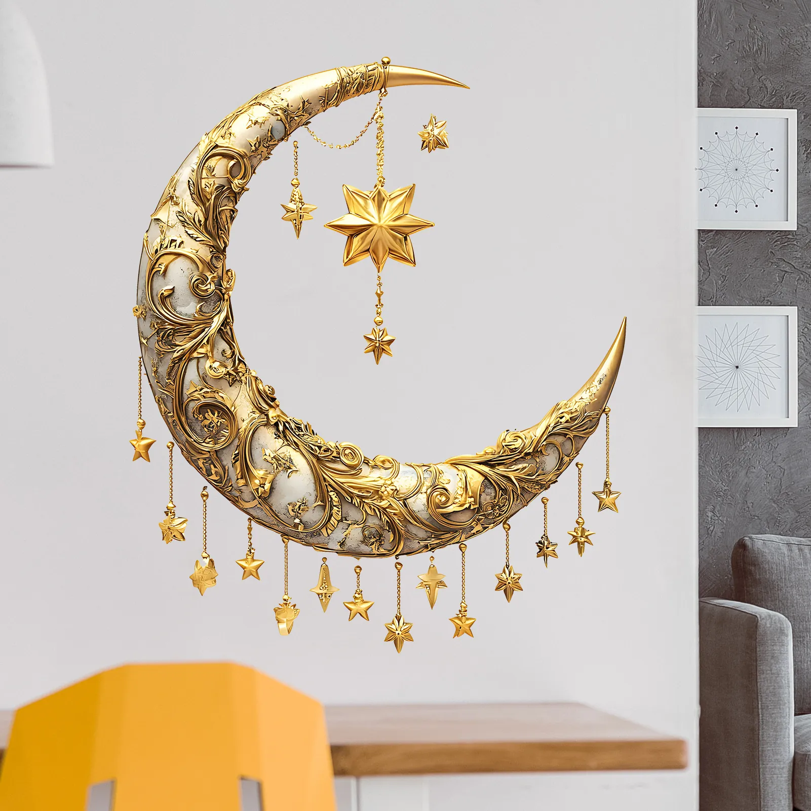 Golden Crescent Moon And Stars Wall Sticker Baroque Embossed Pattern Removable PVC Decal For Home Wall Decor