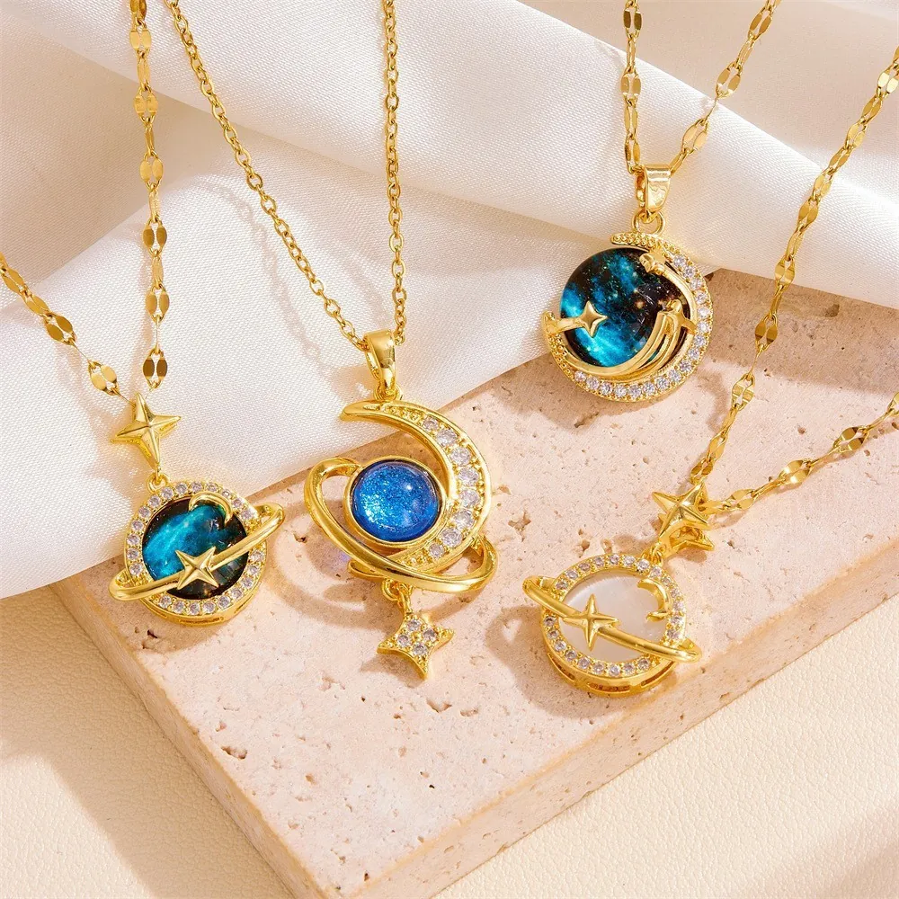 Stainless Steel Galaxy Planet Pendant Necklace For Women Star Moon Saturn Celestial Jewelry With Zircon Cubic Inlaid