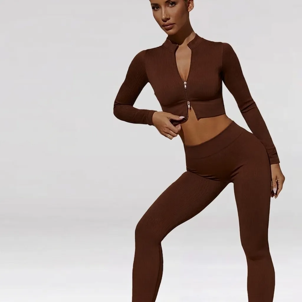 Seamless Ribbed Yoga Workout Outfit Zip Up Long Sleeve Top And High Waist Scrunch Butt Lifting Leggings Fitness