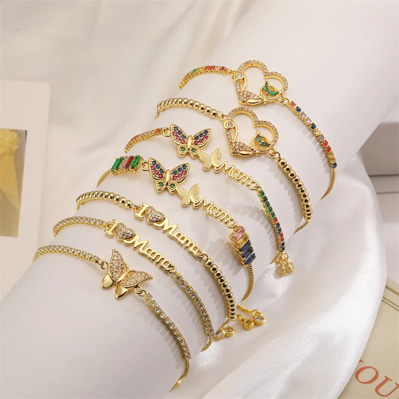 Bracelet Bolo Ajustable Mode Cuivre Plaqué Or Cœur Papillon Lettres Mama Zircon Coloré Bijoux Cadeau Femmes