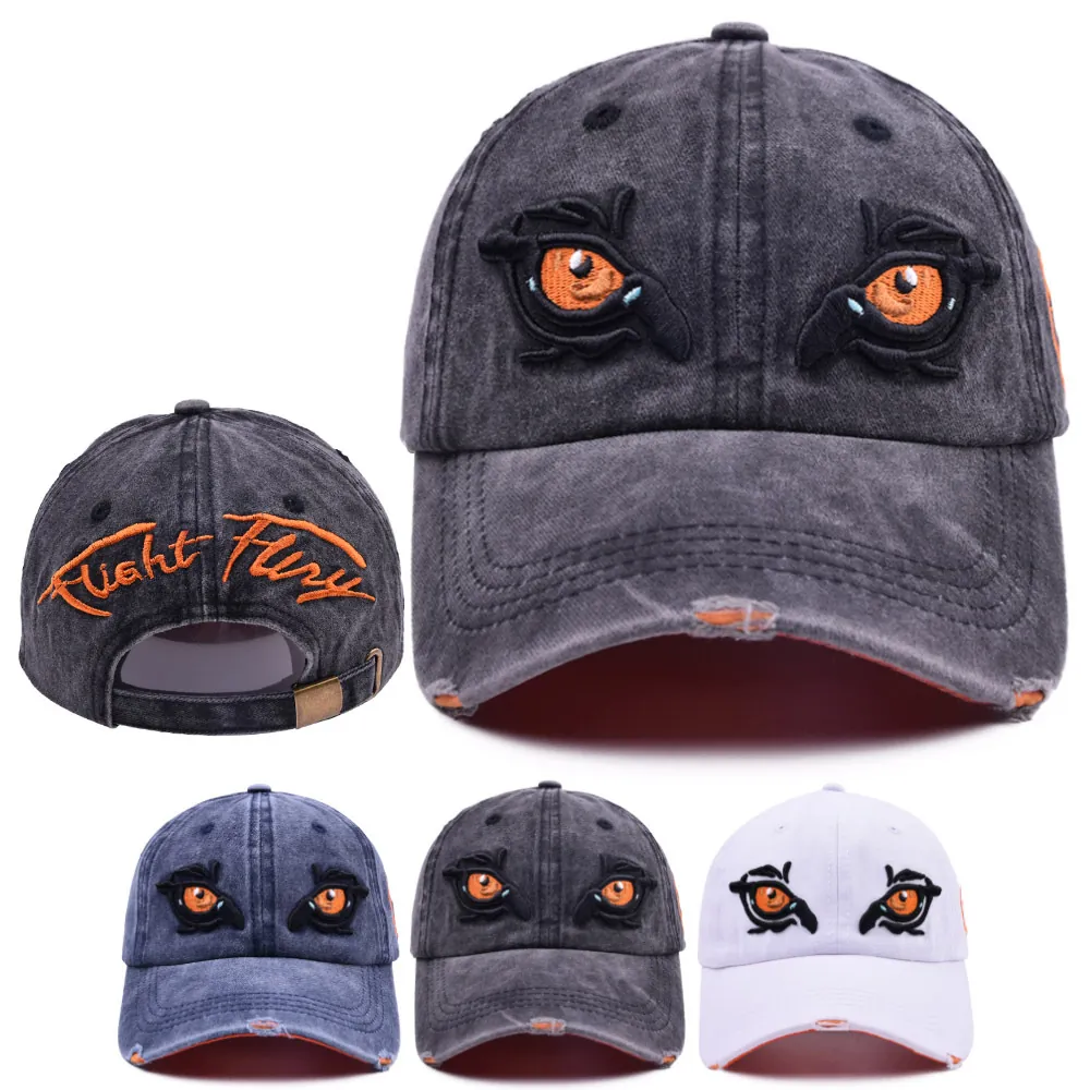 Washed Distressed Baseball Cap With Monster Eyes Embroidery Casual Halloween Hip Hop Outdoor Adjustable Cotton Hat