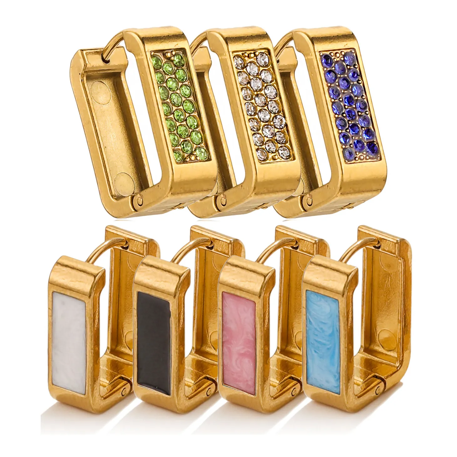Rectangular Hoop Earrings Gold Plated Stainless Steel With Rhinestone And Enamel Geometric U Shaped Fashion For Women