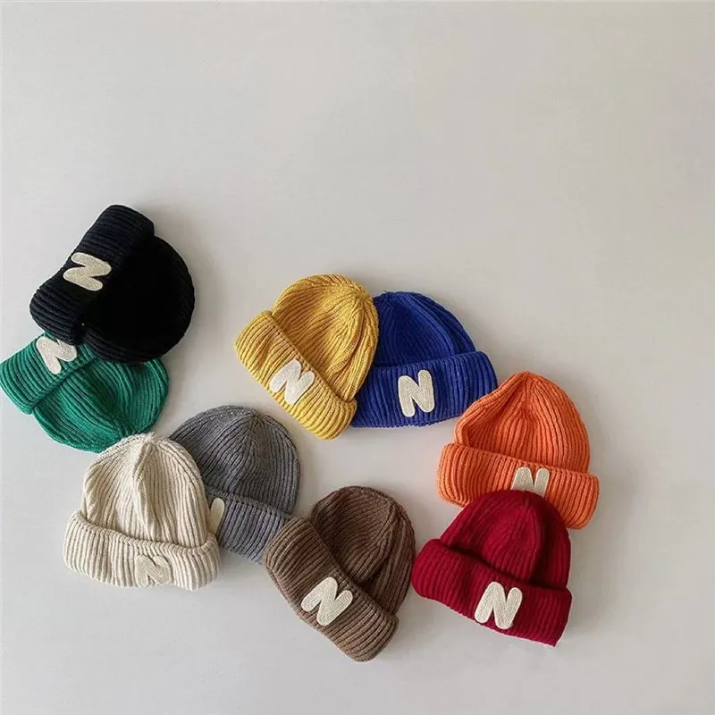 Kids Knitted Beanie Hat Letter N Patch Warm Windproof Winter Autumn Fashionable Ribbed Cap For Boys Girls