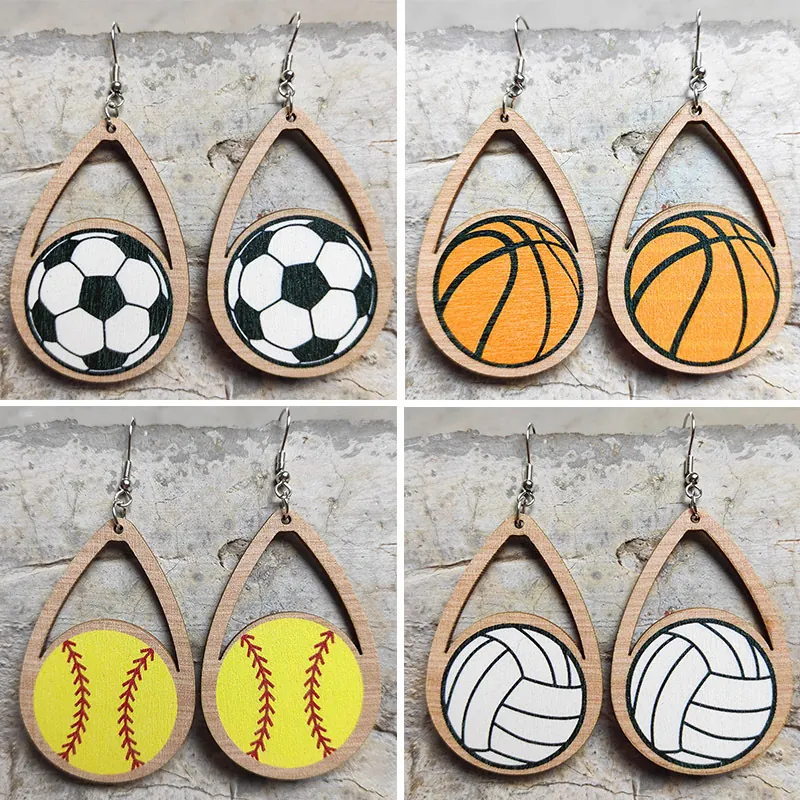 Orecchini Pendenti In Legno Goccia Vuota Palla Sportiva Calcio Basket Baseball Pallavolo Accessorio Sportivo Per Donne Fan