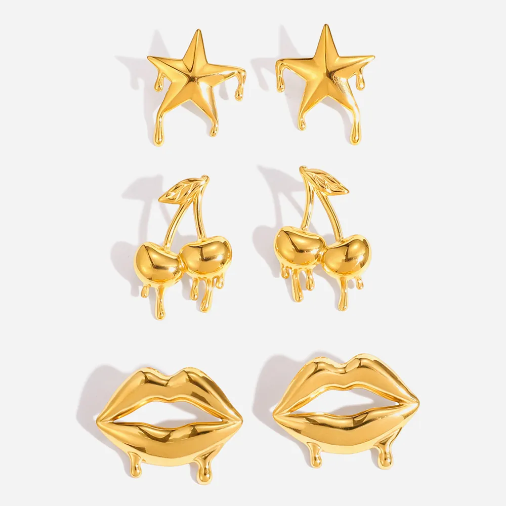 18K Gold Plattiert Edelstahl Schmelzende Flüssige Lippen Stern Kirsche Ohrstecker Für Damen Y2K Ästhetik Trendiger Schmuck