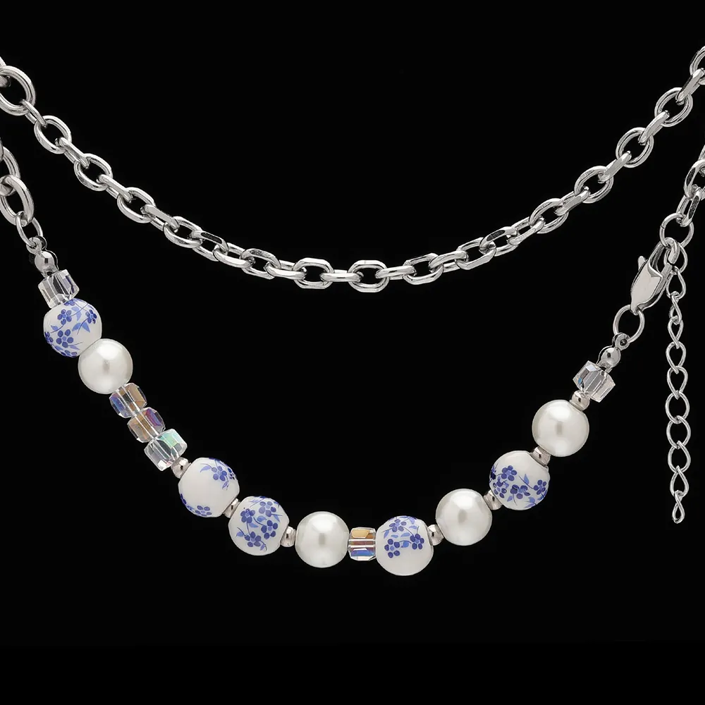Chinese Style Blue White Porcelain Ceramic Bead Necklace With Faux Artificial Pearl Stainless Steel Chain Unisex Hip Hop Jewelry
